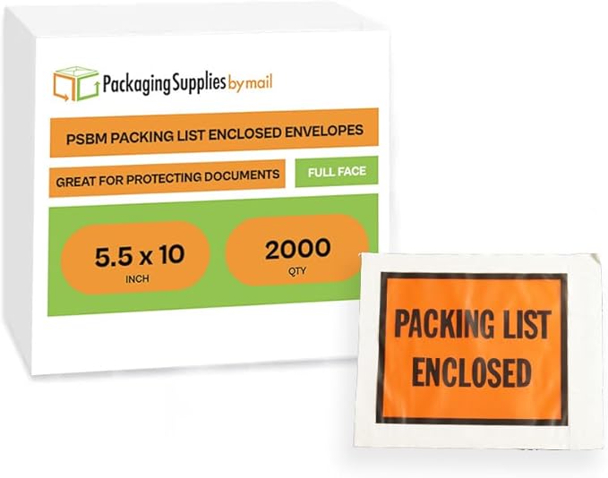 PSBM 2000 PCS 10 x 5.5 Inch Orange Full Face Packing List Enclosed Bags, Shipping Mailing Envelopes and Packing Slip Pouches for Mailing Labels, Invoices and Documents