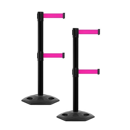 CCW Series WBB-200D - Set of 2 Retractable Dual Belt Barrier Stanchion, Heavy Duty Rubber Base, Black Post (9 Foot Belt, Fluorescent Pink Belt)