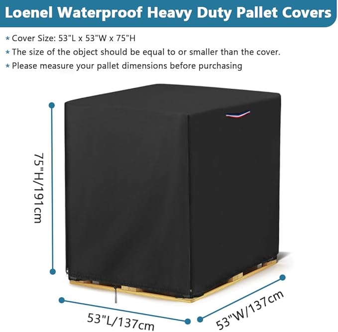 Pallet Cover, Waterproof Heavy Duty Pallet Covers Fits Large Pallets Up to 53" x 53" x 75", Fade Resistant Cargo Turnover Cover With Zipper
