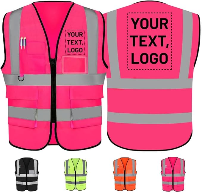 Personalized Safety Vest with Name & Logo - High Visibility Vest for Men & Women - 2” Wide Reflective Strips & 5 Pockets