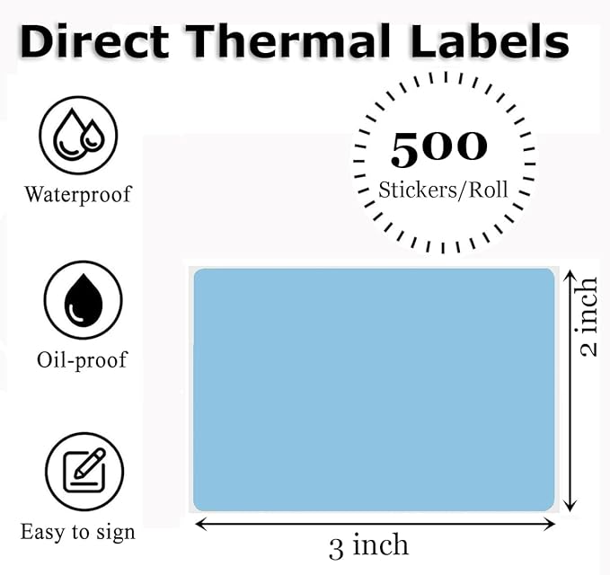 3" x 2" Thermal Labels Stickers Blue, Thermal Printer Thermal Shipping Stickers, Multipurpose Inventory Self-Adhesive Direct Thermal Label for Small Business (500 Labels/Roll)