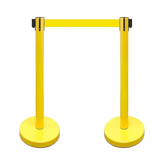 VIP Crowd Control Retractable Belt Stanchion Queue Safety Barrier Set, 36" Ht, 78" Belt (2 YEL Posts Yellow Belt)