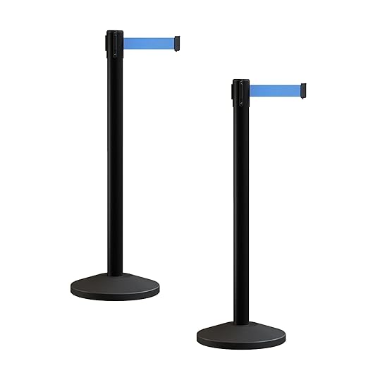 Crowd Control Warehouse CCW Series RBB-100 - Set of 2 Stanchion Retractable Belt Barriers - 9 Foot, Light Blue Belt with Black Post - Easy Assembly