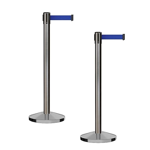 CCW Series RBB-100 - Set of 2 Stanchion Retractable Belt Barriers (9 Foot Belt, Dark Blue Belt with Satin Stainless Steel Post)