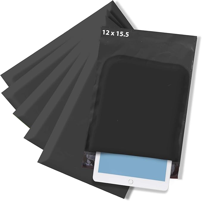 The Boxery 12x15.5" Black Self-Seal Poly Mailer Bags – 100 Pack | Waterproof, Tear-Resistant Shipping Envelopes