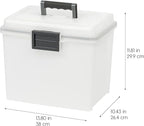 IRIS USA File Box WeatherPro Portable File Organizer Plastic File Box for Letter File w/ Organizer-Lid, Durable Lid and Seal w/ Secure Latching Buckles, Stackable and Nestable, Pearl 19 Qt. 1 Pack