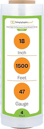 PSBM 4 Rolls 18 Inch x 1500 Feet 90 Gauge Stretch Film/Wrap, Heavy Duty Industrial Strength Up to 800% Ultimate Stretch, Clear Shrink Plastic Wrap for Moving, Packing, Shipping & Storage