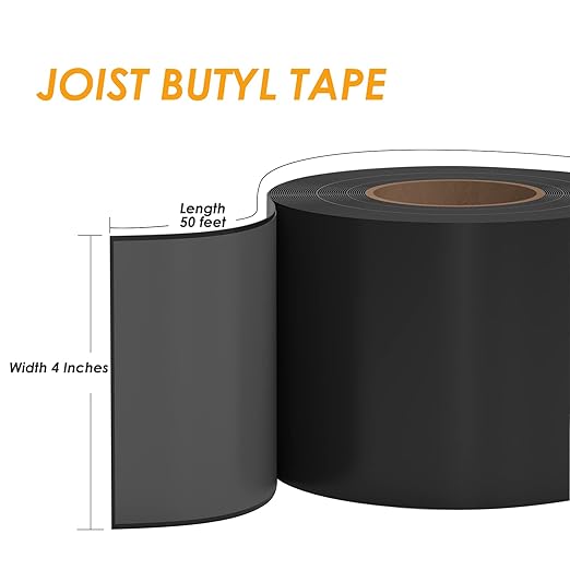 4" x 50' Deck Joist Tape, 2 Pack Waterproof Seal Butyl Deck Tape, Weather Resistance Self-Adhesive Flashing Tape for Wood Joists and Beams