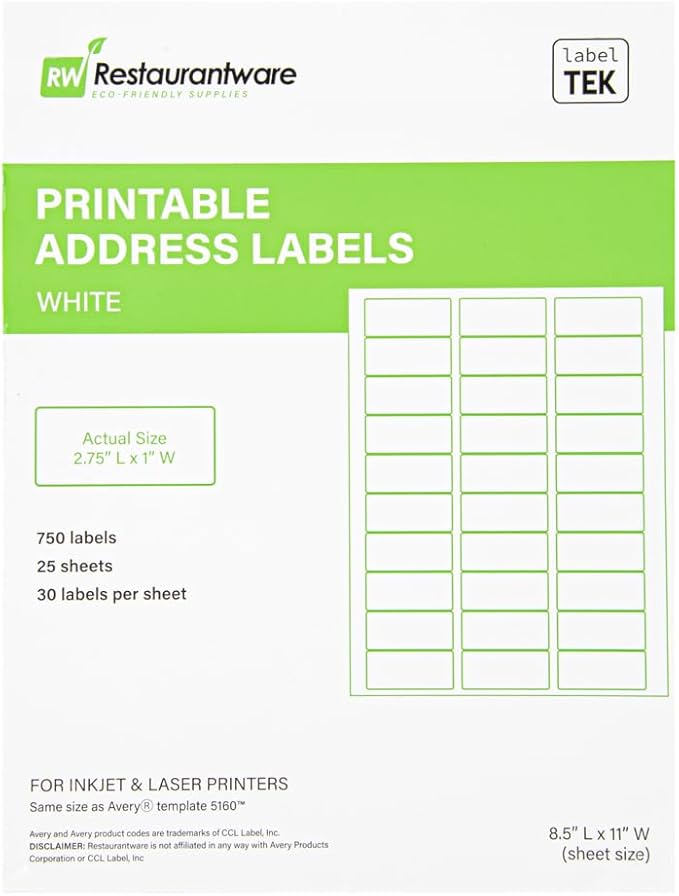 Restaurantware Label Tek 2.6 x 1 Inch Packaging Stickers 750 Premium Shipping Labels - Printable Address Sustainable White Paper Inventory Stickers High-Visibility with Strong Adhesives