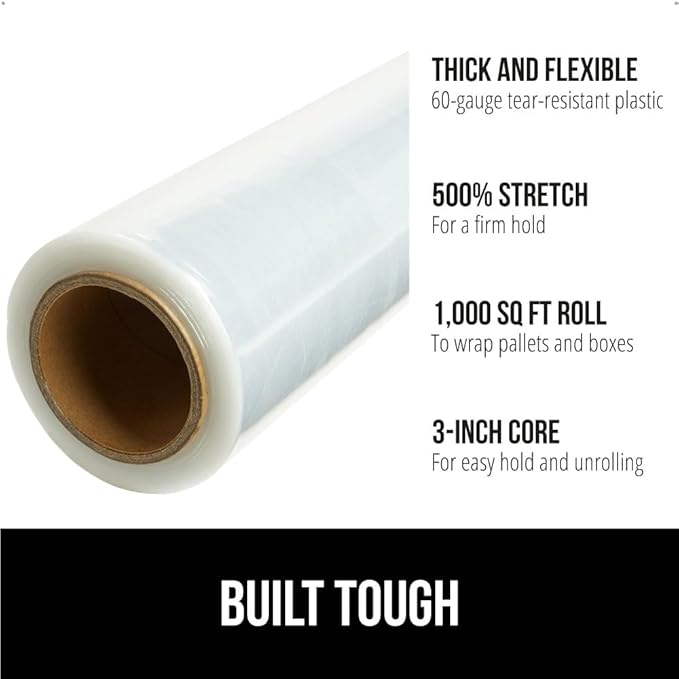 GORILLA GRIP 500% Stretch Film Heavy Duty Plastic, 2 Pack 1000ft Shrink Wrap Rolls 17" Puncture Resistant, Industrial Strength for Pallet Storing, Wrapping, Moving, Packing Furniture Protection Clear
