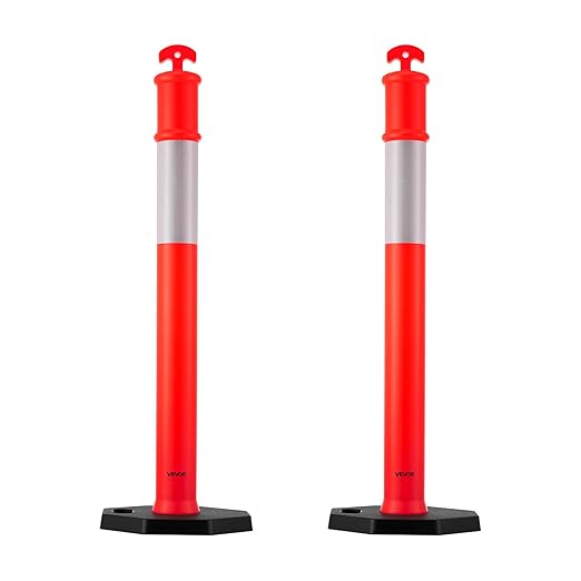 VEVOR 2 Pack Traffic Delineator Posts, 48 inches Traffic Safety Cones with Weighted Base and Reflective Strips, Heavy Duty Delineator Posts for Construction Site, Parking Lot, Crowd Control, Red