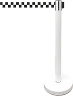 Retractable Stanchion, 6 SPECIALTY Posts + Signframe, 36" Ht, 78" Special Event & Holiday Theme Belt + Bonus Replacement Cassettes + Wall Receiver (WHT Post/Checker Belt)