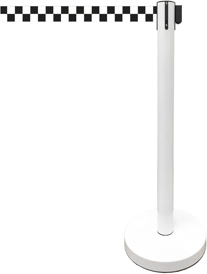 Retractable Stanchion, 6 SPECIALTY Posts + Signframe, 36" Ht, 78" Special Event & Holiday Theme Belt + Bonus Replacement Cassettes + Wall Receiver (WHT Post/Checker Belt)
