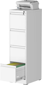 File Cabinet, 4 Drawer File Cabinet with Lock, Steel Vertical Filing Cabinets for Home Office, Heavy Duty File Storage Cabinet for Legal/Letter/A4 Documents, Easy to Assemble, White