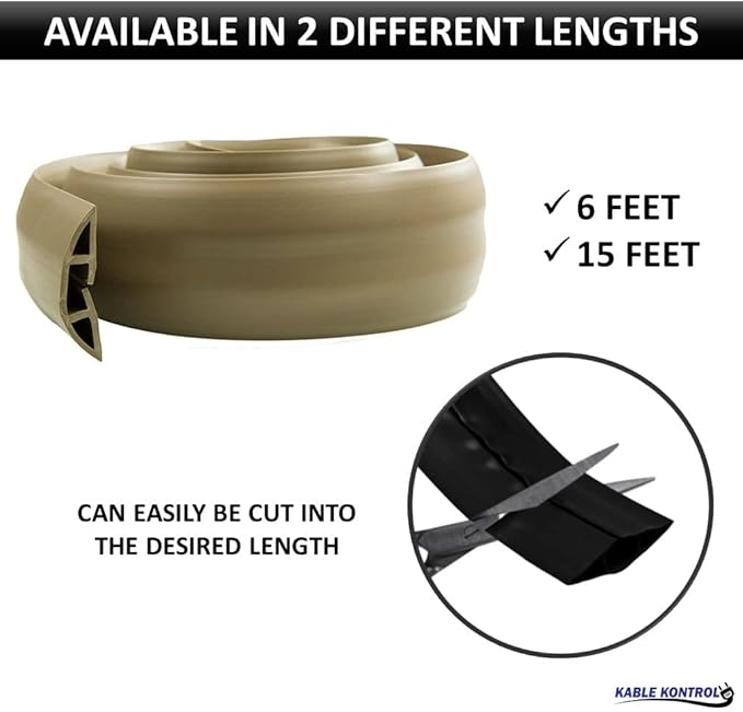 Kable Kontrol Floor Cord Cover kit - 6 Feet Long Tan Plastic Cable Protector, Hides Cords and Conceals Wires, for Extension Cord Cable Management, Channel Size 0.75” W x 0.43” H