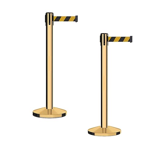 Crowd Control Warehouse CCW Series RBB-150 - Set of 2 Stanchion Retractable Belt Barriers - 16 Foot, Black & Yellow Diagonal Belt with Polished Brass Steel Post - Easy Assembly