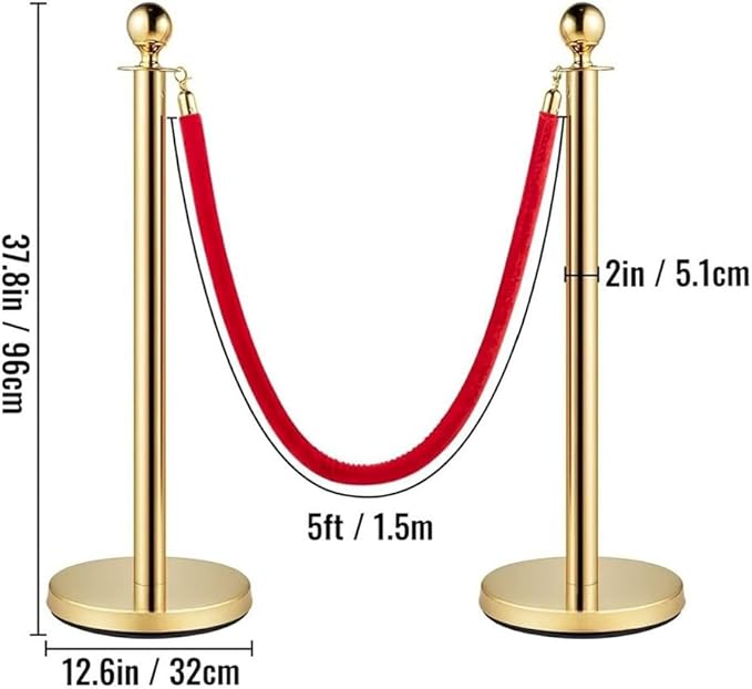 8PCS Stanchion Posts with 6 Red Velvet Ropes, Crowd Control Barriers with Weighted Base, Stainless Steel Queue Poles for Events, Parties, Museums, Red Carpet, Theaters, and Hotels