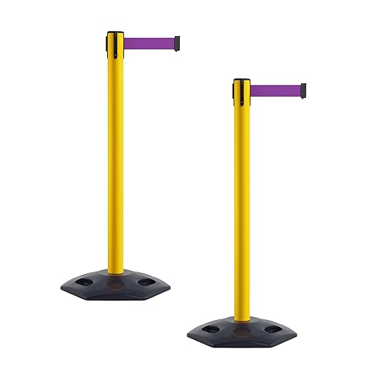 Crowd Control Warehouse CCW Series WBB-200 - Set of 2 Stanchion Retractable Belt Barriers - 11 Foot, Purple Belt with Yellow Post - Easy Assembly