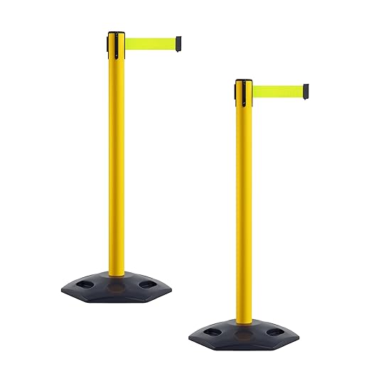 CCW Series WBB-200 Set of 2 Outdoor Safety Rubber Base Stanchion Retractable Belt Barriers - Easy to Assemble, No Tools Required (11 Foot Belt, Fluorescent Yellow Belt with Yellow Post)
