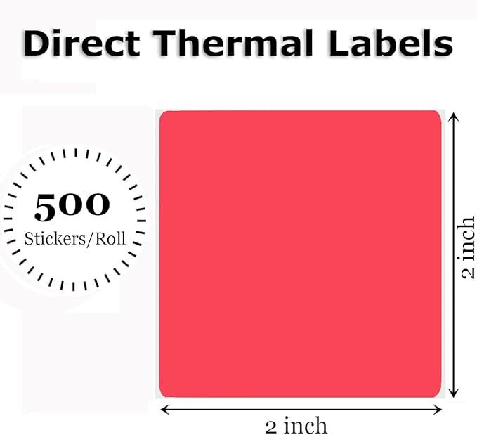 2" x 2" Thermal Labels Stickers Red, Square Thermal Shipping Stickers, Multipurpose Inventory Self-Adhesive Direct Thermal Label for Small Business (500 Labels/Roll)