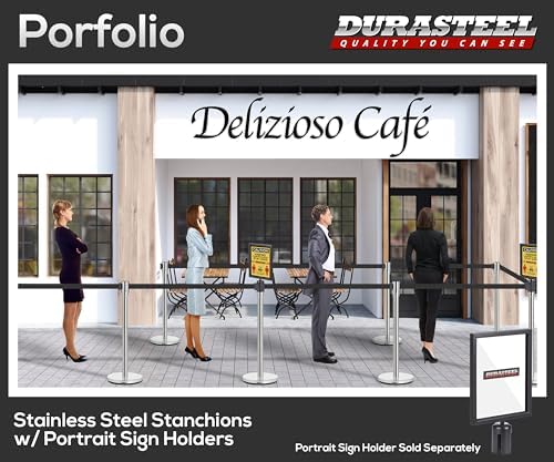DuraSteel Chrome Crowd Control Barriers Stanchions with Retractable Belts - Metal Stanchion Posts w/ 6.5ft Black Retractable Barrier Belt Ropes - Queue VIP Safety Line Dividers - Set of 2 Stantions