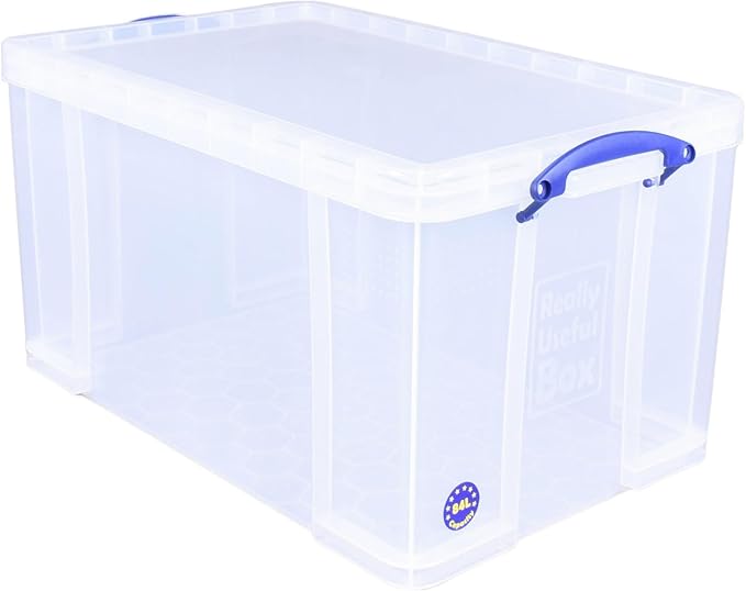 Really Useful Box 84 Liters Storage Container with Snap Lid and Clip Lock Handle for Lidded Home and Item Storage Bins, 6 Pack, Clear