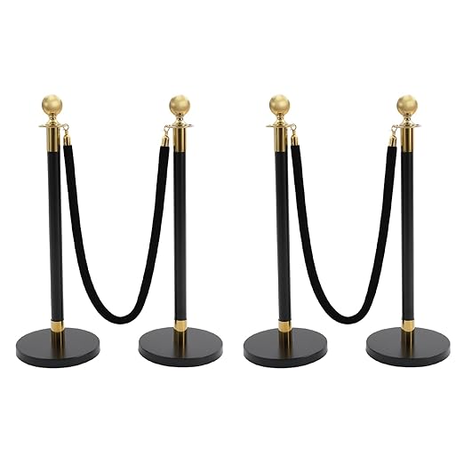 4Pcs Velvet Ropes and Stanchion Post, Black & Gold Stanchion Rope Set, Stainless Steel Stanchions Posts with Ball Top, Crowd Control Barriers for Shopping Malls, Exhibition Halls