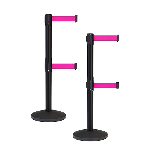Crowd Control Warehouse CCW Series RBB-100D Set of 2 Stanchion Retractable Belt Barriers - Sloped Base, 7.5 Foot, Fluorescent Pink Dual Belt with Black Post - Easy Assembly
