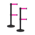 Crowd Control Warehouse CCW Series RBB-100D Set of 2 Stanchion Retractable Belt Barriers - Sloped Base, 7.5 Foot, Fluorescent Pink Dual Belt with Black Post - Easy Assembly
