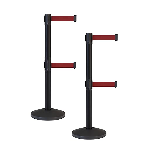Crowd Control Warehouse CCW Series RBB-100D Set of 2 Stanchion Retractable Belt Barriers - Sloped Base, 11 Foot, Maroon Dual Belt with Black Post - Easy Assembly