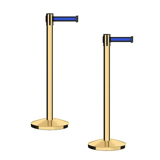 CCW Series RBB-100 - Set of 2 Stanchion Retractable Belt Barriers (9 Foot Belt, Black with Horizontal Blue Stripe Belt with Polished Brass Post)