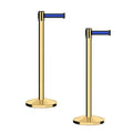 CCW Series RBB-100 - Set of 2 Stanchion Retractable Belt Barriers (11 Foot Belt, Black with Horizontal Blue Stripe Belt with Polished Brass Post)