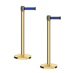 CCW Series RBB-100 - Set of 2 Stanchion Retractable Belt Barriers (11 Foot Belt, Black with Horizontal Blue Stripe Belt with Polished Brass Post)