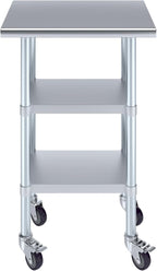 AmGood Stainless Steel Work Table with 2 Shelves and Casters | Metal Utility Table On Wheels (Stainless Steel Work Table with 2 Shelves + Casters, 24" Long x 18" Deep)