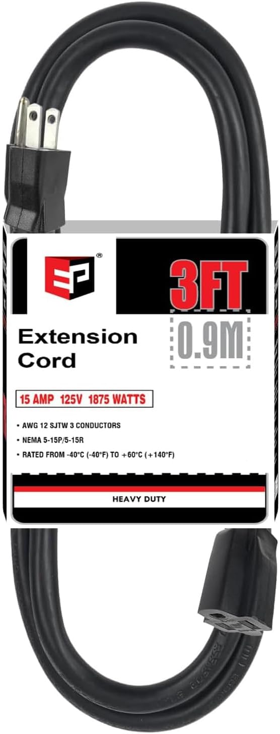EP 3 Ft Extension Cord - 12/3 SJTW Heavy Duty Black Extension Cable with 3 Prong Grounded Plug - Power Cord for Lawn, Garden, Appliances