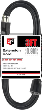 EP 3 Ft Extension Cord - 12/3 SJTW Heavy Duty Black Extension Cable with 3 Prong Grounded Plug - Power Cord for Lawn, Garden, Appliances