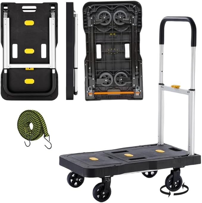 Upgrade Heavy Duty Folding Dolly Cart with Wheels, 330Lb Portable Push Cart, Adjustable Handle for Luggage, Moving, Travel, Shopping & Office Use