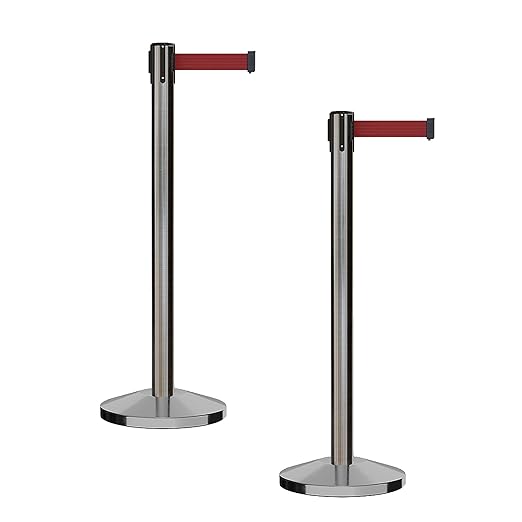CCW Series RBB-100 - Set of 2 Stanchion Retractable Belt Barriers (7.5 Foot Belt, Maroon Belt with Satin Stainless Steel Post)