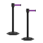 Montour Line MSR760 Set of 2 Retractable Belt Barrier Stanchion, Rubber Base, Black Powder Coated Post (35 ft Purple Belt)