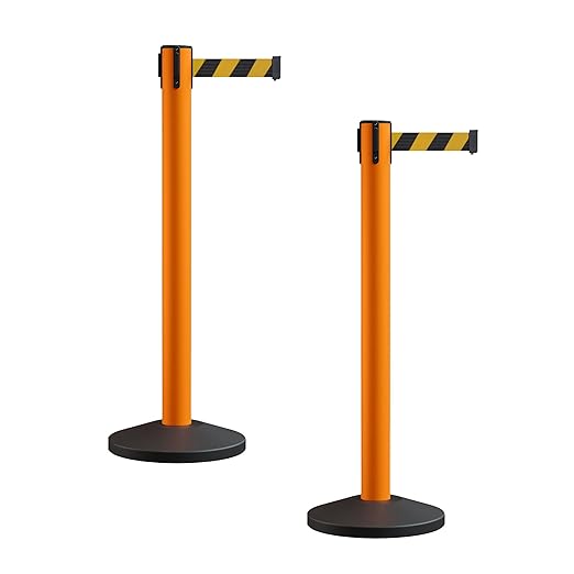 Crowd Control Warehouse CCW Series RBB-150 - Set of 2 Stanchion Retractable Belt Barriers - 16 Foot, Black & Yellow Diagonal Belt with Orange Post - Easy Assembly