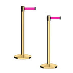 CCW Series RBB-100 - Set of 2 Stanchion Retractable Belt Barriers (7.5 Foot Belt, Fluorescent Pink Belt with Polished Brass Post)