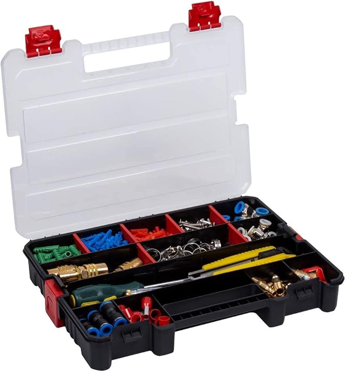 Small Parts Organizer Box – Stackable Hardware Storage Case with 20 Compartments & 12 Dividers – Heavy-Duty Nylon Screw, Drill Bit, Nut & Bolt Organizer for Garage, Toolbox, Workshop