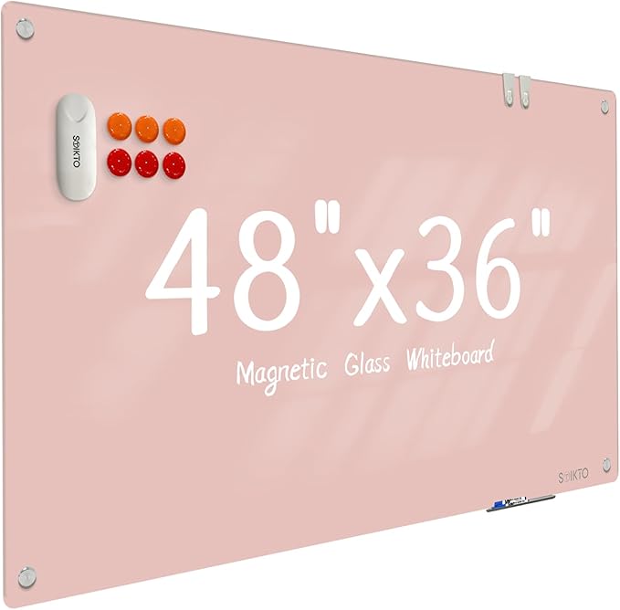 Glass Whiteboard - Glass Dry Erase Board 48" x 36" Magnetic White Board Writing Board White Boards for Walls Wall Office Home, Pink
