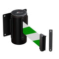 Crowd Control Warehouse - CCW Series WMB-125 Fixed Wall Mount Retractable Belt Barrier - 11 Foot, Green & White Diagonal Stripes Belt with Black Steel Case