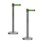 CCW Series RBB-100 - Set of 2 Stanchion Retractable Belt Barriers (7.5 Foot Belt, Green Belt with Satin Stainless Steel Post)