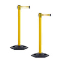 CCW Series WBB-200 Set of 2 Outdoor Safety Rubber Base Stanchion Retractable Belt Barriers - Easy to Assemble (11 Foot Belt, Yellow Horizontal Reflective Stripe Belt with Yellow Post)