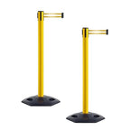 CCW Series WBB-200 Set of 2 Outdoor Safety Rubber Base Stanchion Retractable Belt Barriers - Easy to Assemble (11 Foot Belt, Yellow Horizontal Reflective Stripe Belt with Yellow Post)