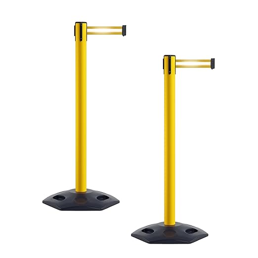 CCW Series WBB-200 Set of 2 Outdoor Safety Rubber Base Stanchion Retractable Belt Barriers - Easy to Assemble (11 Foot Belt, Yellow Horizontal Reflective Stripe Belt with Yellow Post)