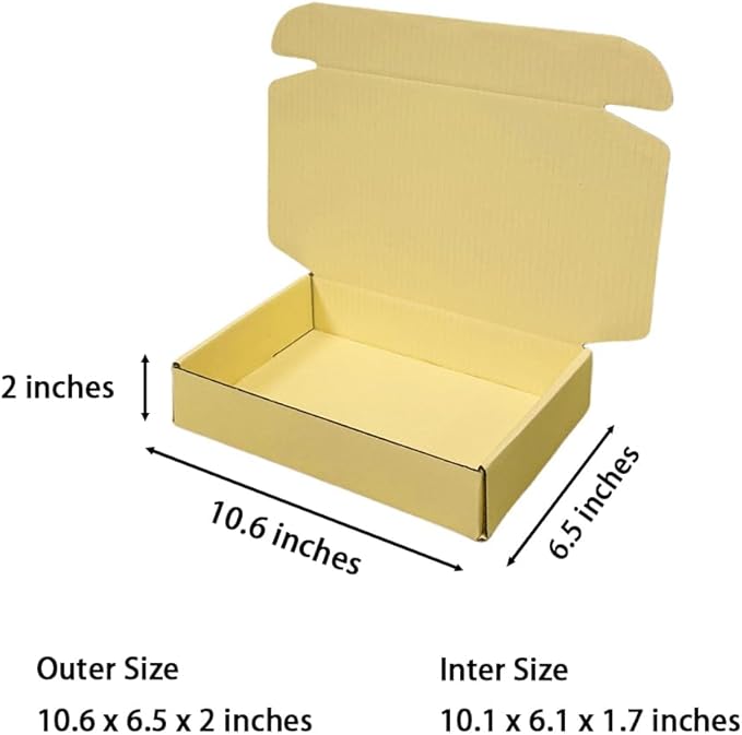 50 Pcs 10.6 x 6.5 x 2 inches Shipping Boxes for Small Business Cardboard Corrugated Mailer Boxes for Shipping Packaging Holidays Craft Gifts Giving Products (Butter Yellow, 10.6 x 6.5 x 2")