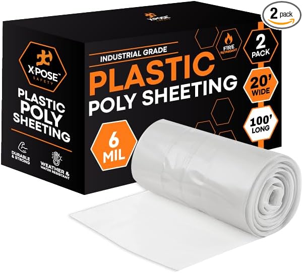 Xpose Safety Clear Plastic Sheeting 2 Pack – 20' x 100' Rolls – Heavy Duty 6 Mil Fire Retardant Poly Sheet – Waterproof, Dustproof, Vapor Barrier – for Construction, Painting, Industrial Use